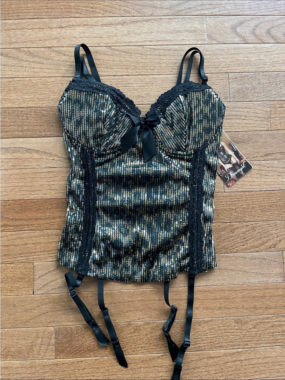 Dreamgirl Black and Gold Sequin Camisole Bustier with Lace Trim in the back
